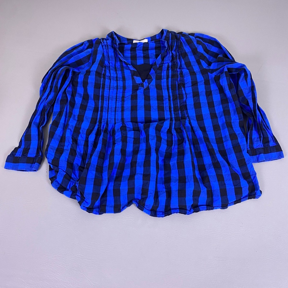 Woman Within Tunic Blouse Plus Size 1X Blue Black Buffalo‎ Plaid Cotton Pintuck